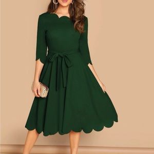 Scallop trim belted skater dress